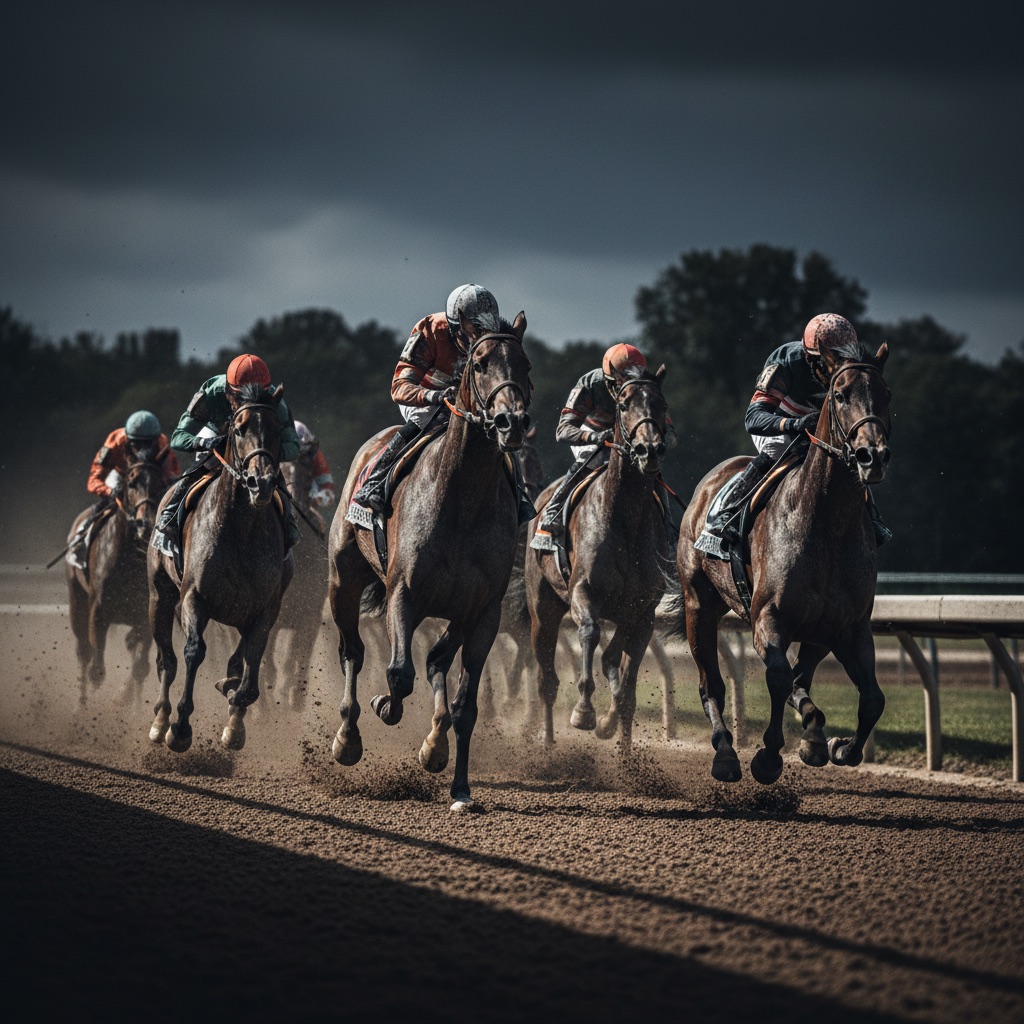 Horses racing under a dark sky