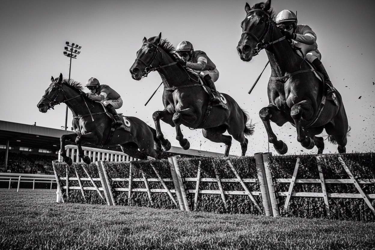 Horses jumping a hurdle mid-race
